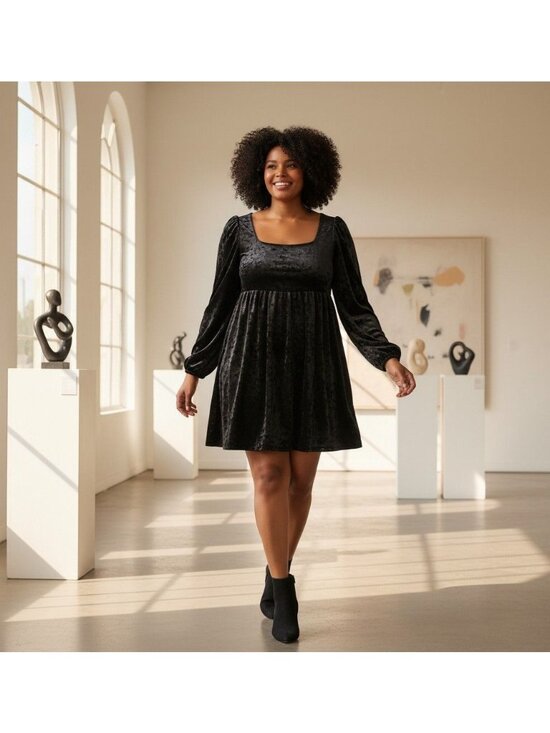 Free People Dresses & Skirts - FREE PEOPLE Black Velvet Babydoll Dress With Long Balloon Sleeves Scoop Neck Siz